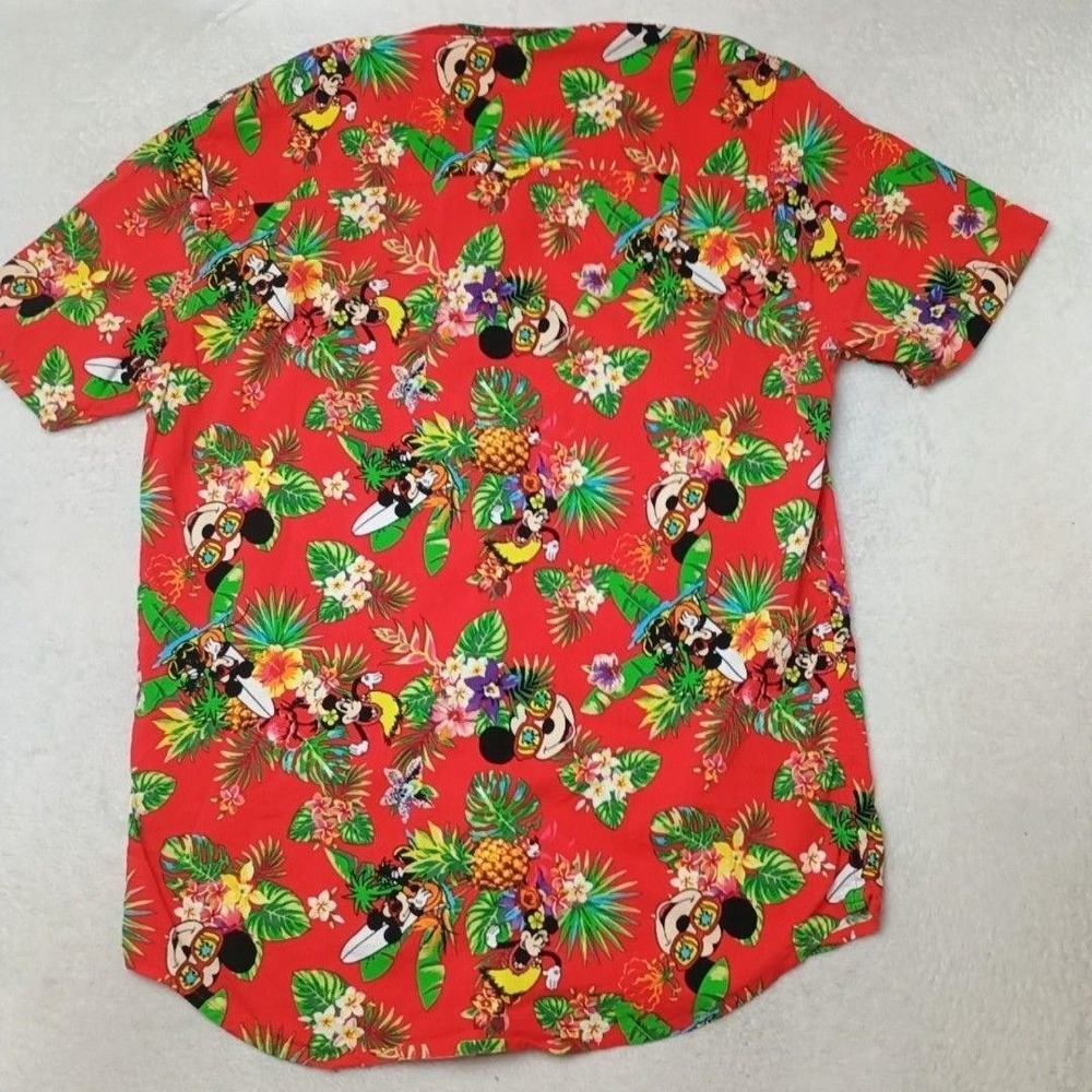 Disney Shirt Mens L Red Hawaiian Mickey Minnie Rayon Pineapple Button-Up Aloha - Picture 3 of 7